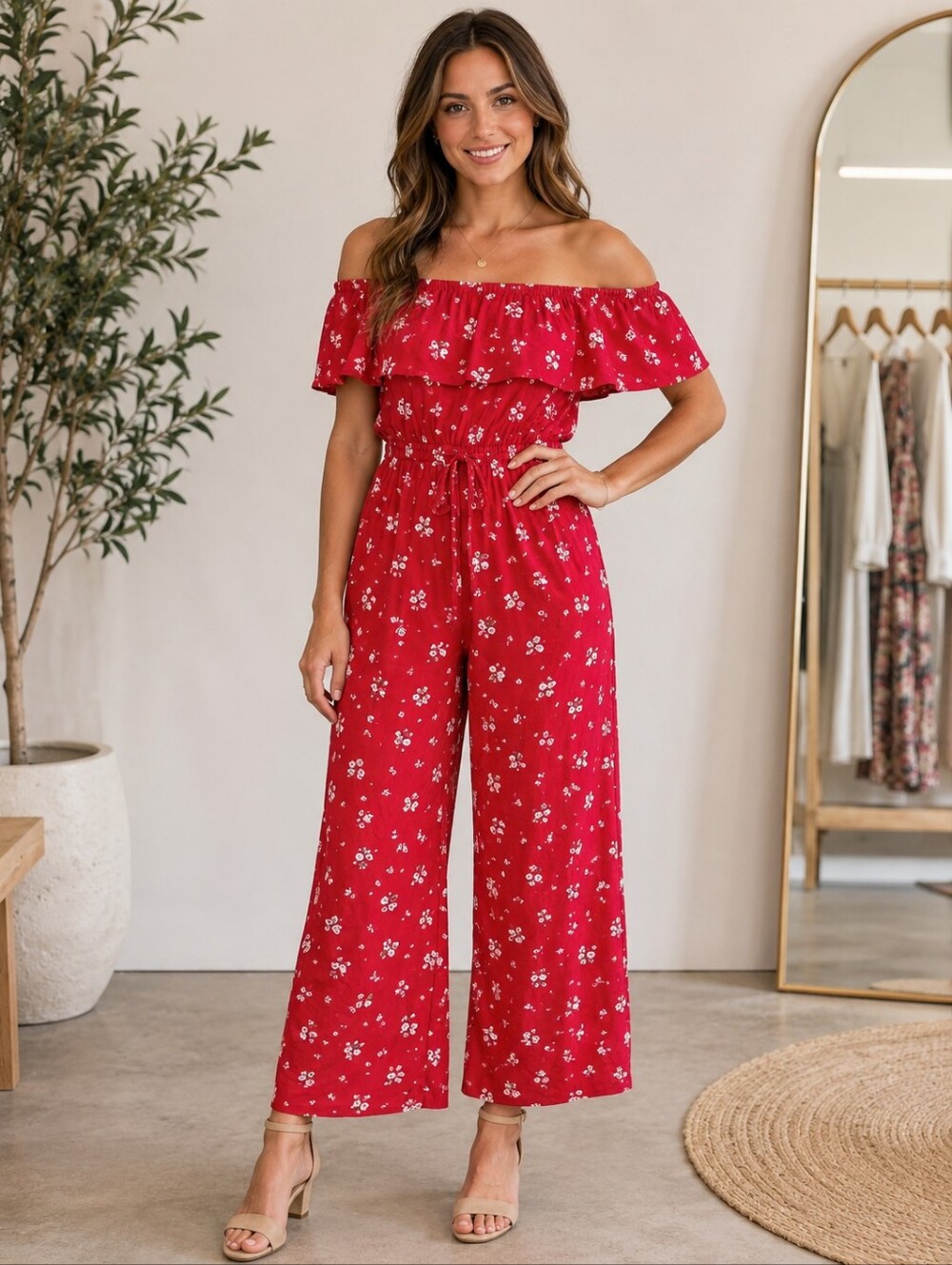 Hollister Red And White Daisy Off Shoulder Wide Leg Jumpsuit Size Small